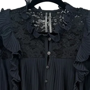 Anthropologie Pleated Ruffled Sheer Lace Blouse‎ Top Black Size LP Whimsigoth thumbnail 6