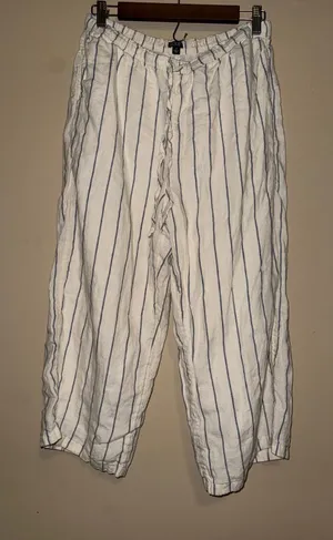 J.Crew Soleil Pant whiteblue stripe linen wide leg draw string CK022 M Lagenlook thumbnail 1