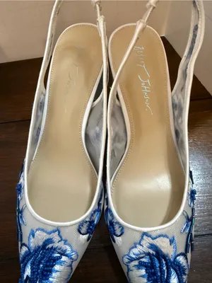 Betsey Johnson White Slingback Block Heels with Blue Floral Embroidery thumbnail 8