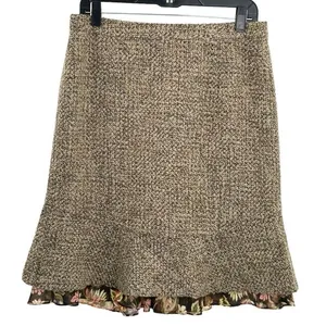 Ann Taylor Loft Women Tweed Texture Flounce Skirt Brown Floral Hem Accent Size 8 Wool Blend thumbnail 1