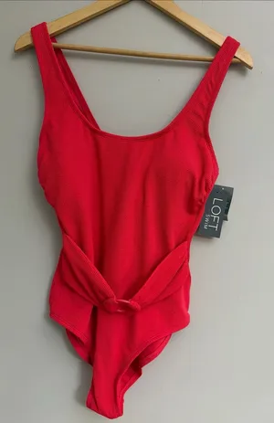 LOFT Bright Red Textured One-Piece Swimsuit with Front Twist size L thumbnail 1