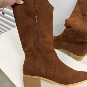 Brown Faux Suede Western Cowboy Boots Pointed Toe Side Zip Block Heel Size 44-12 thumbnail 3