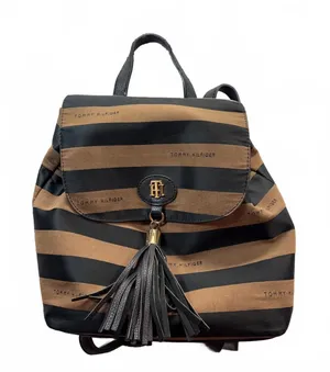 Tommy Hilfiger Striped Backpack Purse Brown Black Tassel Gold Tone thumbnail 1