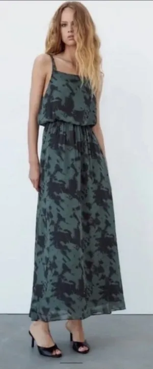 Zara Maxi Dress Tie‎ Dye Printed Chiffon Beaded Straps Green Size Small thumbnail 1