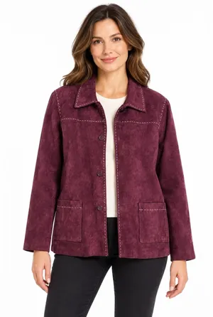 Denim & Co Womens XL Plum Purple Suede Leather Button Front Jacket Pick Stitch thumbnail 1