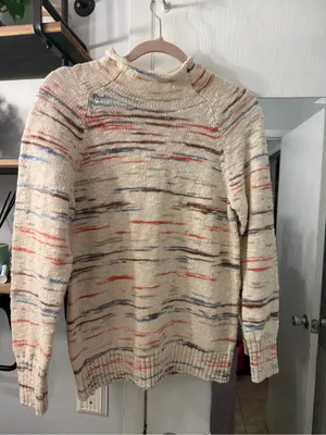 L.L. Bean Cream Knit Rolly Neck Sweater with Blue, Brown and Orange Accents thumbnail 1