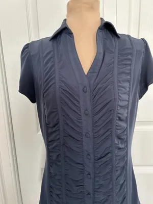 DressBarn Collared Short Sleeve Ruched Button Down Top Blue Size S thumbnail 1