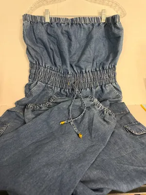 indulge Blue Denim Strapless Jumpsuit with Smocked Waist thumbnail 1