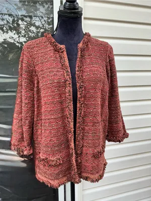 Chico's Frayed-Trim Open-Front Cardigan in Rust Mix thumbnail 1