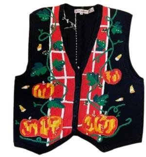 Vintage Cardigan Sweater Vest Halloween Knit Multicolor Embroidered Medium thumbnail 1
