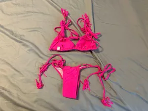 Boutique 2 Piece Pink Bikini Wrap Around Tie Top & Side Tie Bottoms thumbnail 5