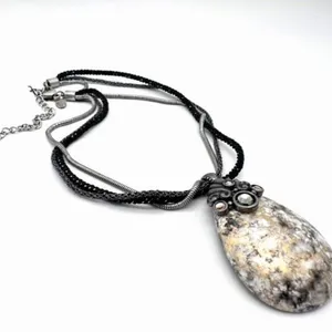 Chico’s marbled rhinestone beaded‎ corded layered silvertone necklace pendant thumbnail 2