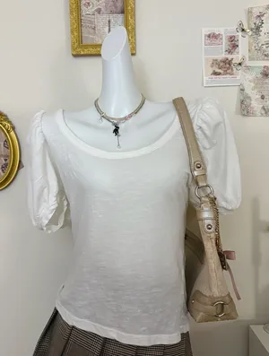 By Anthropologie Puff Sleeve Scoop Neck Top Size M White Cotton thumbnail 1