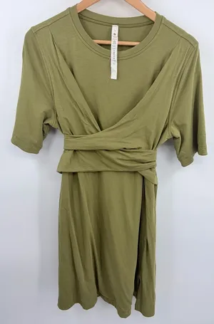 Lululemon cotton wrap front t-shirt dress bronze green women’s 10 Athleisure thumbnail 1