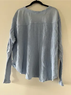 Free People Oversized Waffle Knit Blue Thermal Top Large Coastal Cozy Cotton thumbnail 6