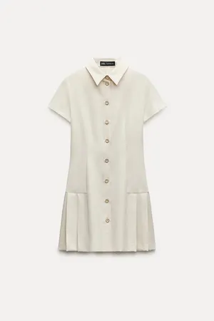 Zara mini dress pleated skirt collar button up ivory casual classic old money thumbnail 12