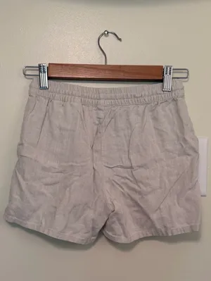H&M light beige linen drawstring waist high waisted shorts thumbnail 5