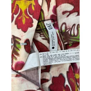 ZARA Womens Pants Red Floral Wide Leg Linen Blend Pleated Trouser Boho Small thumbnail 5