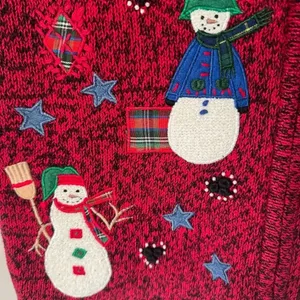 Vintage Red Christmas Sweater Vest Snowmen Reindeer Plaid Knit Size M Festive thumbnail 6