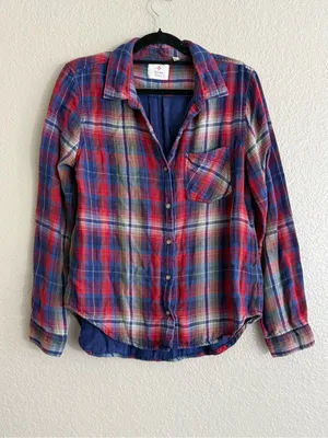 Dylan Medium Red Blue Plaid Flannel Button Down Shirt Western Fall Layering Top thumbnail 3