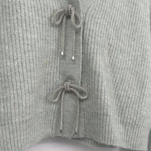 H&M Womens‎ Sage Icy Green Rhinestone Bow Cropped Coquette Cardigan Sweater XS thumbnail 3