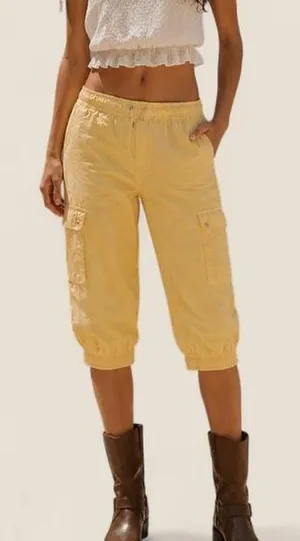 Source Unknown Y2K crop pastel yellow cargo capri harem pants size Large NWT thumbnail 1