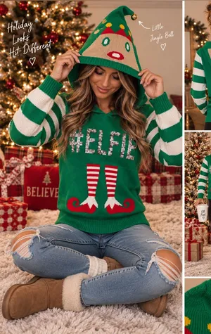 No Boundaries Small #ELFIE Elf Hooded Ugly Christmas Sweater Sequin thumbnail 1
