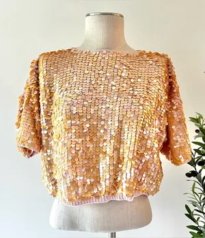 Vintage peachy orange Sequin baby pink Short Sleeve Top thumbnail 1