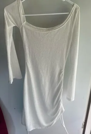 white long-sleeve ruched bodycon mini dress thumbnail 1