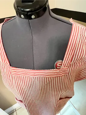 VTG country cottage-core Full apron Bib Seersucker Handmade Red White Stripe Tie thumbnail 11