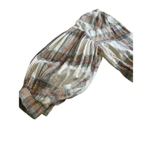 Free People Plaid Cotton Gauze Zip Up Bomber Jacket Cream Orange Brown Womens M thumbnail 5
