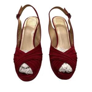 Burgundy Red Pleated Suede Peep Toe Platform Slingback Pumps 8M thumbnail 2
