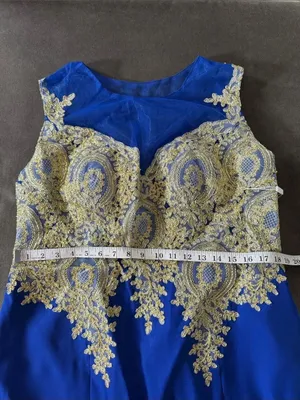 Royal Blue Evening Gown Gold Lace Appliqué with Train Side Zip Size 18 NWT thumbnail 8