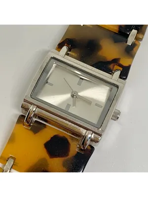 Folio women’s watch 28mm silver tone tortoise shell acrylic link 6” running thumbnail 3