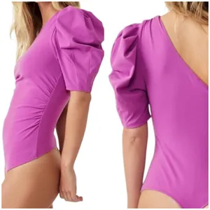 Free People One Shoulder Puff Sleeve L Bodysuit Magenta Ruched Side Stretchy thumbnail 3