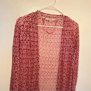Loft Womens SIze XS Open Duster Cardigan Thin Semi-Sheer Red White Purple Floral thumbnail 4