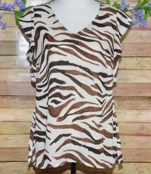 Cabi Ladies Brown Zebra Tiger Print V-Neck Cap Sleeve Blouse Top Size S Chiffon thumbnail 1