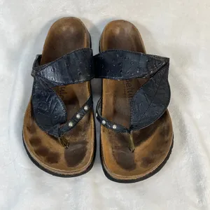 Betula Birkenstock Thong Sandals Black Leather‎ Pearls Size 38 W7-flaw thumbnail 3