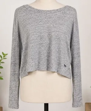 Pink Victoria's Secret Grey Space Dye Preppy ‎ Comfy Crop Top Womens Large Retro thumbnail 1