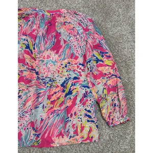 Lilly Pulitzer Elsa Silk Top Sunken Treasure Dragonfruit Print Blouse Size S thumbnail 7
