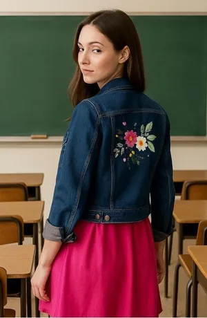 Denim Jacket Embroidered Floral Jean Jacket cottagecore teacher thumbnail 1