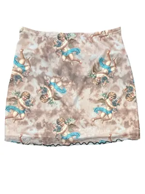 Mesh Cherub Angel Print Mini Skirt Y2K Renaissance Grunge Whimsigoth Cupid LG thumbnail 3