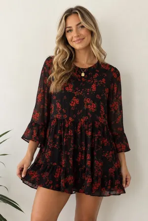 Zara Size M Dress Black Floral Print Babydoll Flowy 3/4 Sleeve Whimsygoth Grunge thumbnail 1
