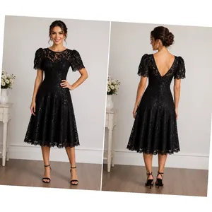 JW Collections‎ Black Vintage Lace Sequin V-Back Cocktail Dress USA Made Size 4 thumbnail 2