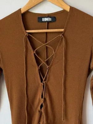 Reformation Avalon Lace Up Cocoa Bodysuit thumbnail 5
