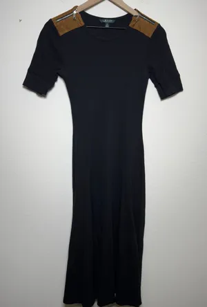 Lauren Ralph Lauren‎ Women Black Ribbed Midi Dress Suede Equestrian Preppy Swing thumbnail 1