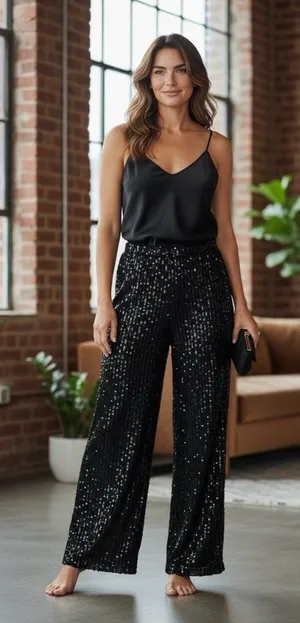 *New Boohoo Sequin Wide Leg Trouser Pant Womens 14 Black Cocktail Party Festive thumbnail 1