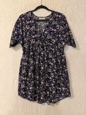 Natural Life Floral Babydoll Dress Womens XS/S Navy Blue Boho V-Neck Mini Rayon thumbnail 1