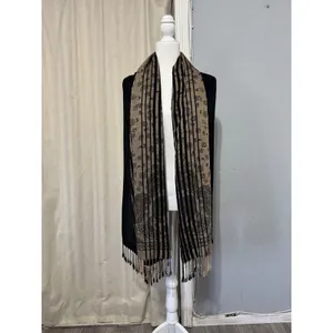Black and Tan Paisley Floral Pashmina Wrap Scarf Shawl with Fringe Trim 28x72 in thumbnail 4