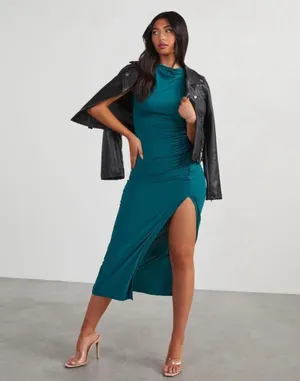 ✨VICI Elisabeth Mock Neck Side Slit Ruched Midi Teal Sz Medium Dress✨ thumbnail 3